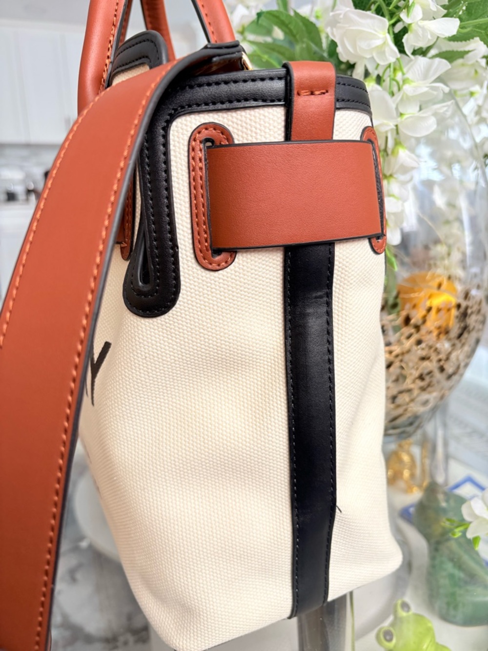 Burberry Cream Canvas Tote with Brown Leather Trim and Black Logo. - Picture 3 of 6